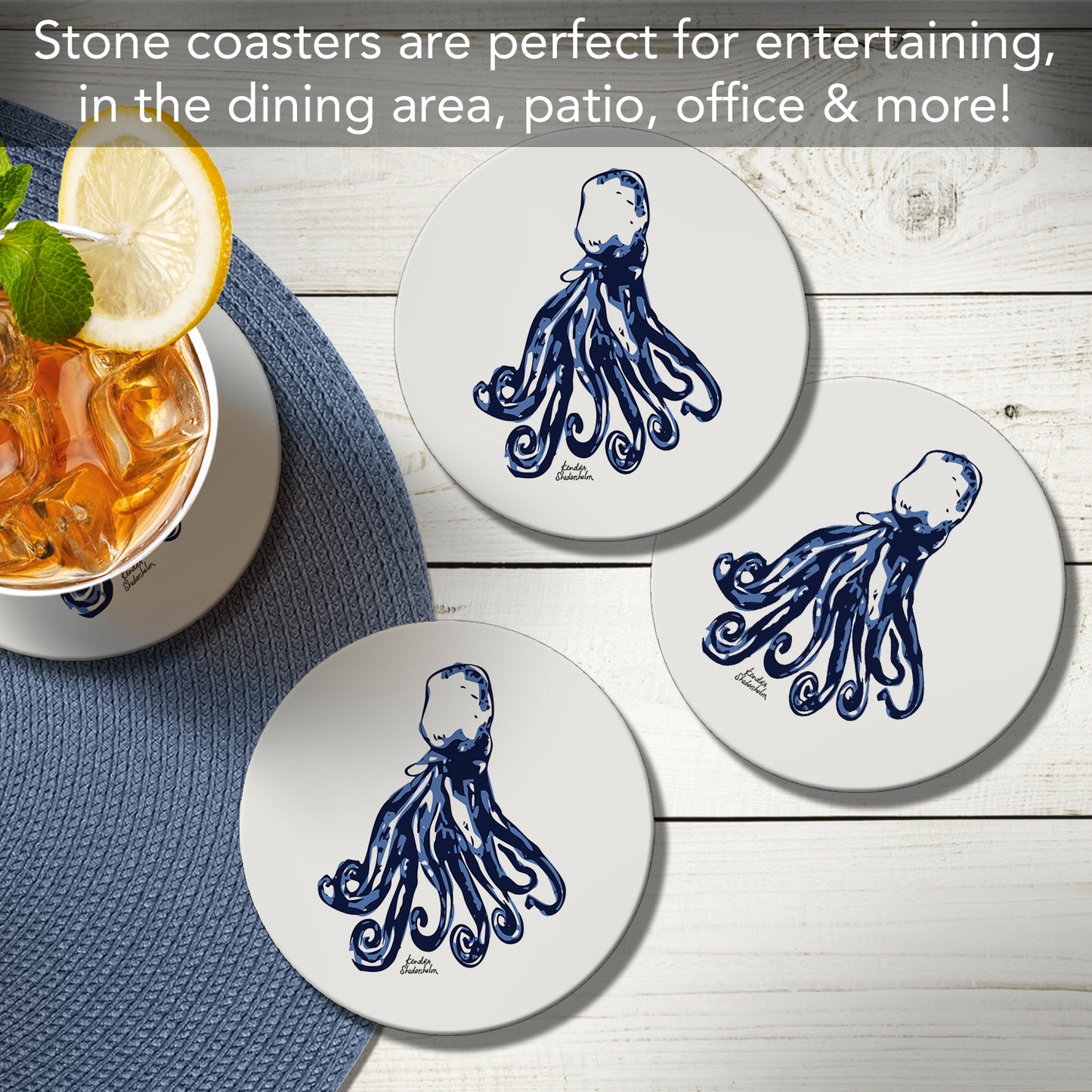 Thirstystone Indigo Octopus 4 Pack Round Absorbent Stone Coasters 4" Diameter Manufactured in the USA