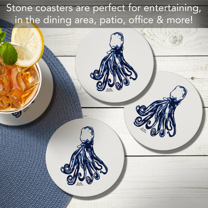 Thirstystone Indigo Octopus 4 Pack Round Absorbent Stone Coasters 4" Diameter Manufactured in the USA