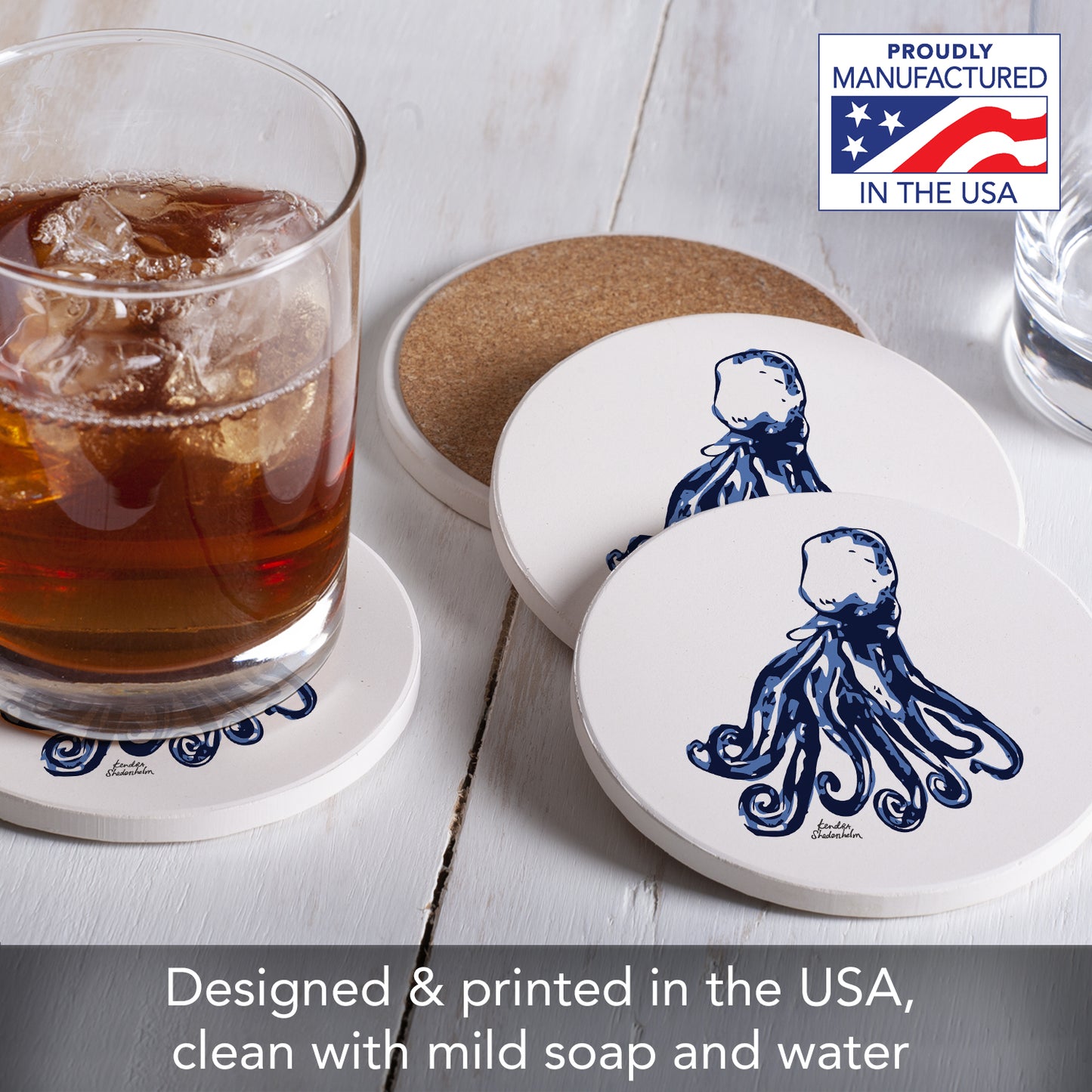Thirstystone Indigo Octopus 4 Pack Round Absorbent Stone Coasters 4" Diameter Manufactured in the USA