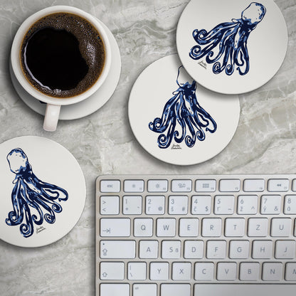 Thirstystone Indigo Octopus 4 Pack Round Absorbent Stone Coasters 4" Diameter Manufactured in the USA