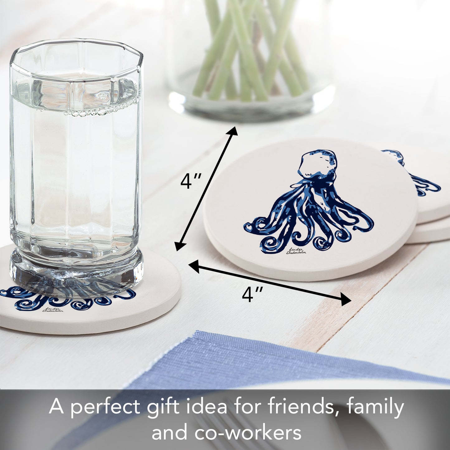 Thirstystone Indigo Octopus 4 Pack Round Absorbent Stone Coasters 4" Diameter Manufactured in the USA