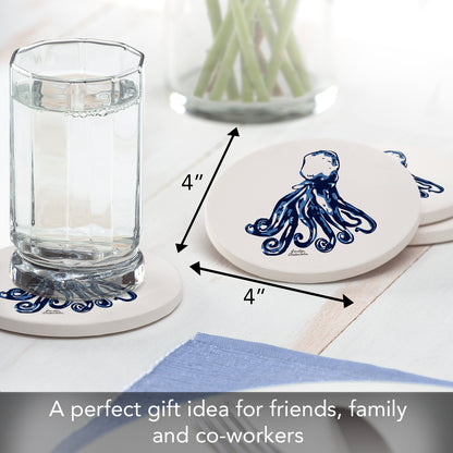Thirstystone Indigo Octopus 4 Pack Round Absorbent Stone Coasters 4" Diameter Manufactured in the USA