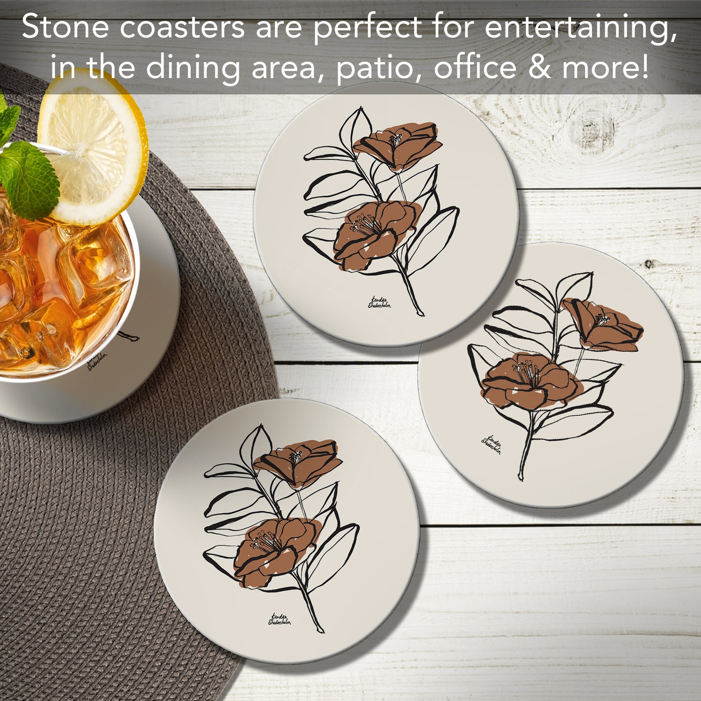 Thirstystone Mocha Flower 4 Pack Round Absorbent Stone Coasters 4" Diameter