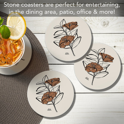 Thirstystone Mocha Flower 4 Pack Round Absorbent Stone Coasters 4" Diameter