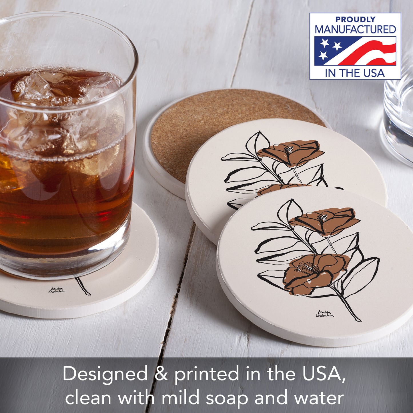 Thirstystone Mocha Flower 4 Pack Round Absorbent Stone Coasters 4" Diameter