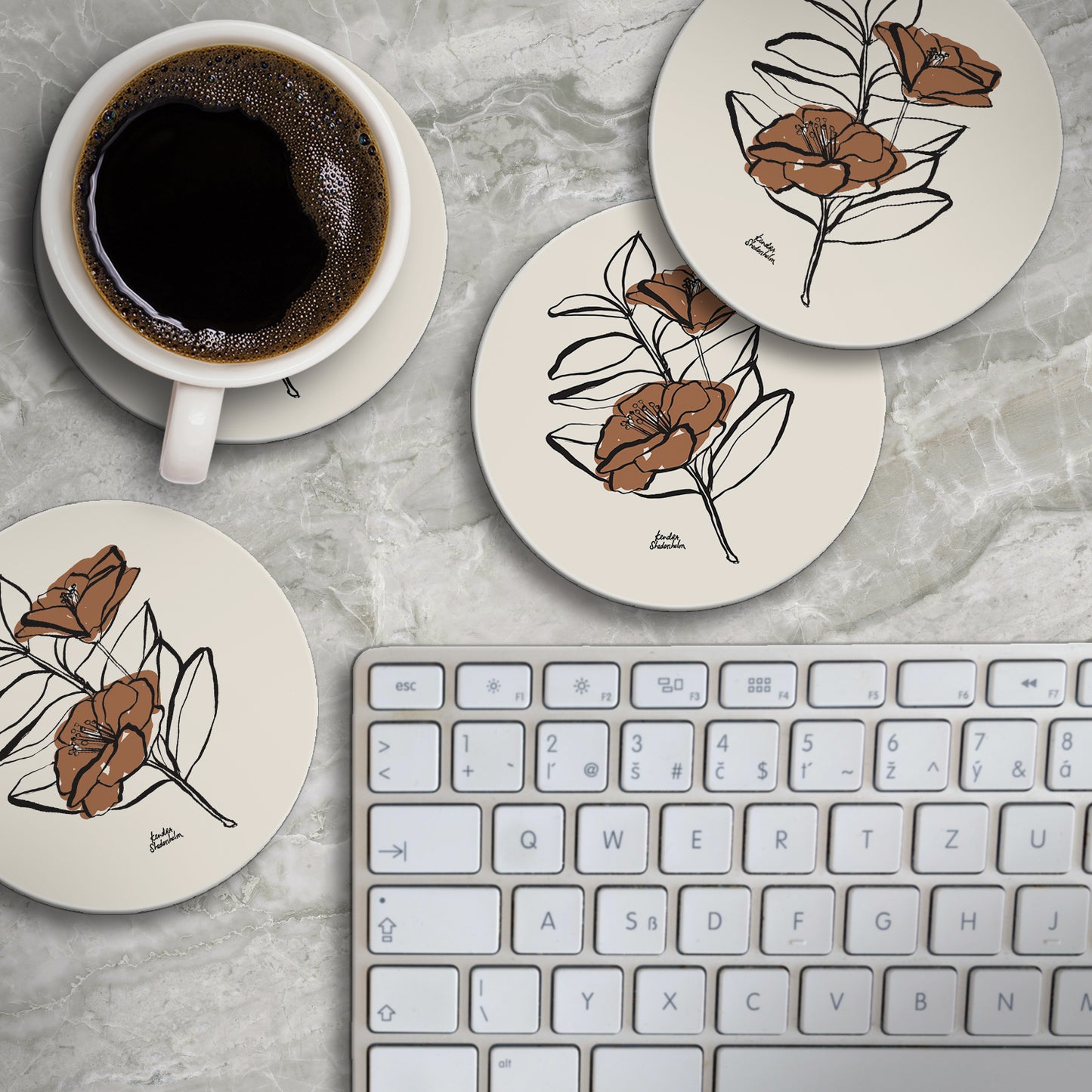 Thirstystone Mocha Flower 4 Pack Round Absorbent Stone Coasters 4" Diameter