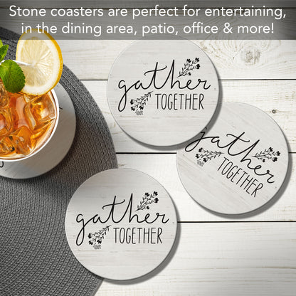 Thirstystone Farmhouse Gather 4 Pack Round Absorbent Stone Coasters 4" Diameter