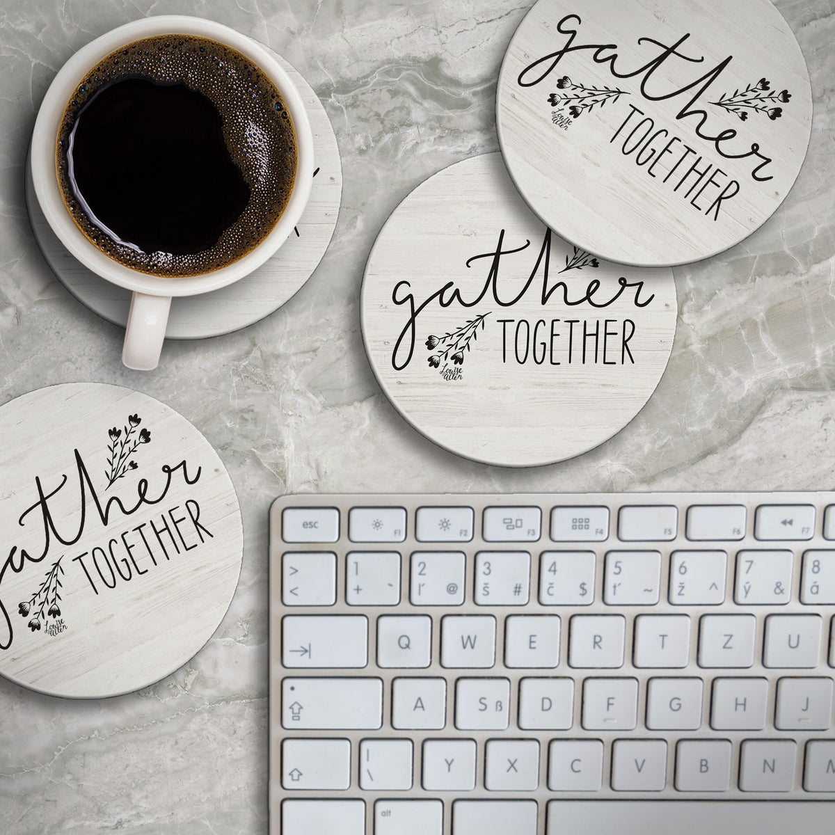 Thirstystone Farmhouse Gather 4 Pack Round Absorbent Stone Coasters 4" Diameter