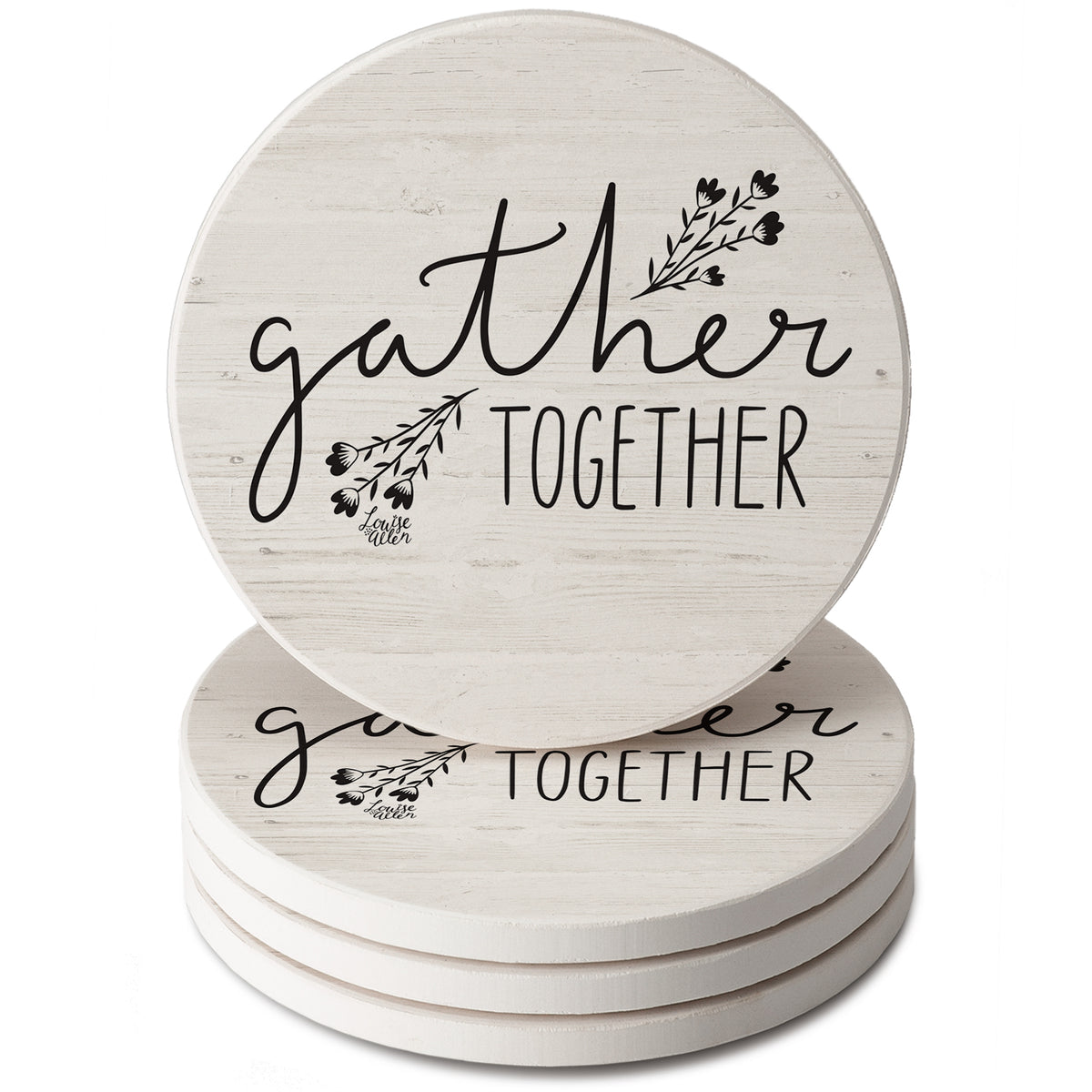 Thirstystone Farmhouse Gather 4 Pack Round Absorbent Stone Coasters 4" Diameter