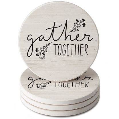 Thirstystone Farmhouse Gather 4 Pack Round Absorbent Stone Coasters 4" Diameter