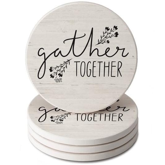 Thirstystone Farmhouse Gather 4 Pack Round Absorbent Stone Coasters 4" Diameter