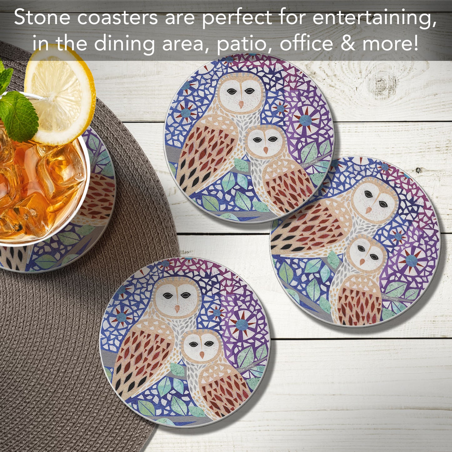 Thirstystone Owl Collage 4 Pack Round Absorbent Stone Coasters 4" Diameter