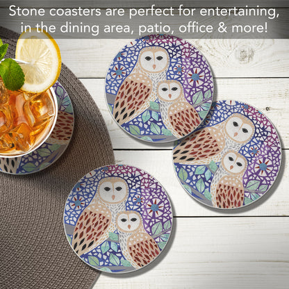 Thirstystone Owl Collage 4 Pack Round Absorbent Stone Coasters 4" Diameter