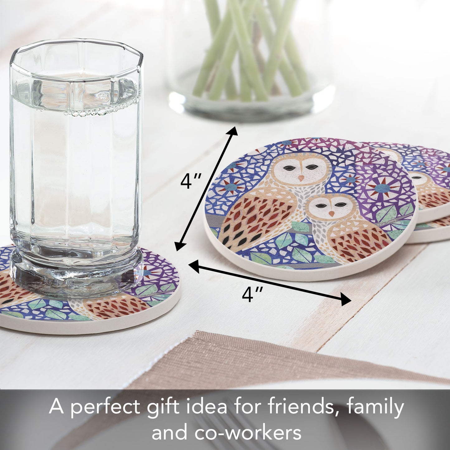 Thirstystone Owl Collage 4 Pack Round Absorbent Stone Coasters 4" Diameter