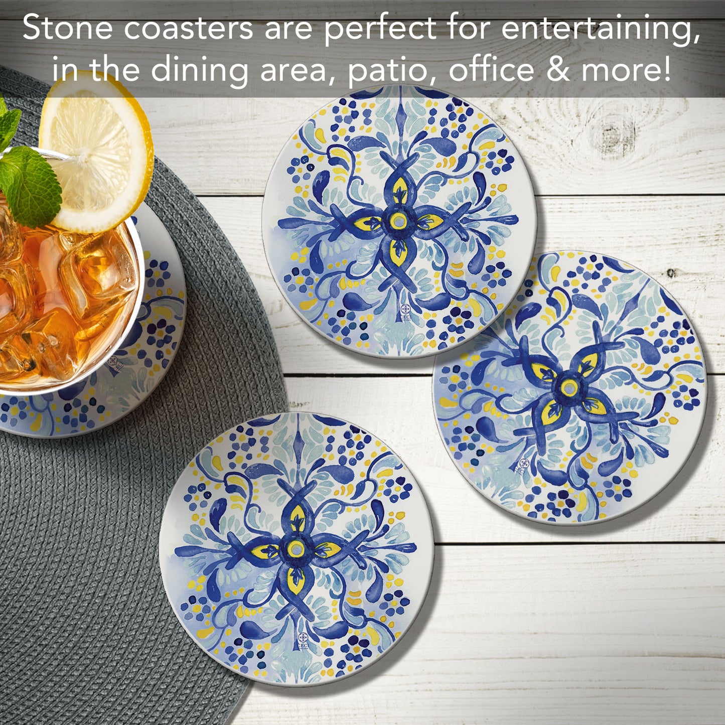 Thirstystone Portugal Tile 4 Pack Round Absorbent Stone Coasters 4" Diameter