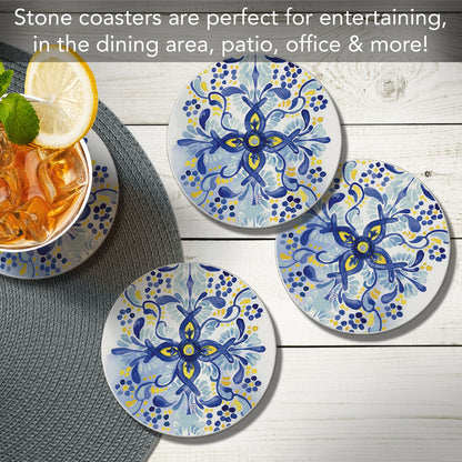 Thirstystone Portugal Tile 4 Pack Round Absorbent Stone Coasters 4" Diameter