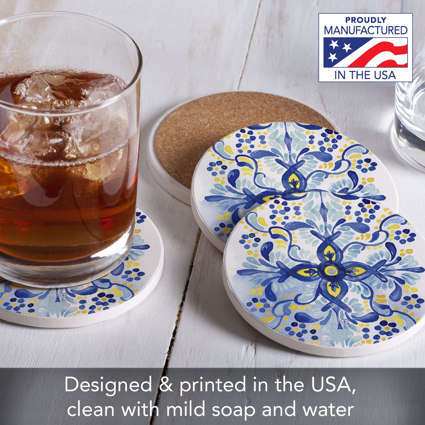 Thirstystone Portugal Tile 4 Pack Round Absorbent Stone Coasters 4" Diameter