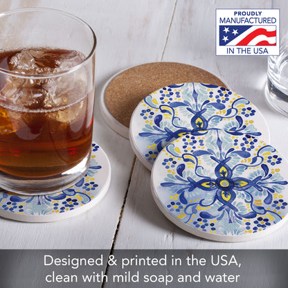Thirstystone Portugal Tile 4 Pack Round Absorbent Stone Coasters 4" Diameter
