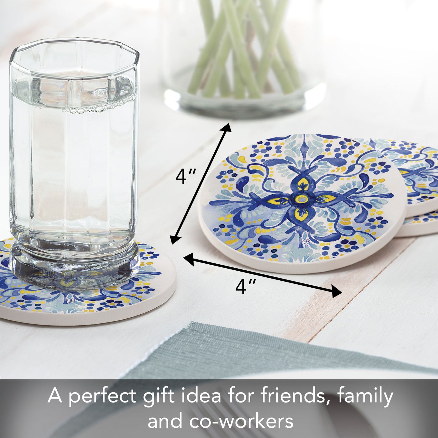 Thirstystone Portugal Tile 4 Pack Round Absorbent Stone Coasters 4" Diameter