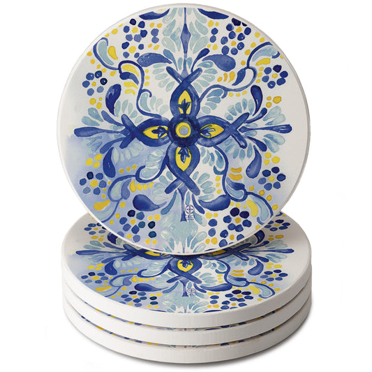 Thirstystone Portugal Tile 4 Pack Round Absorbent Stone Coasters 4" Diameter