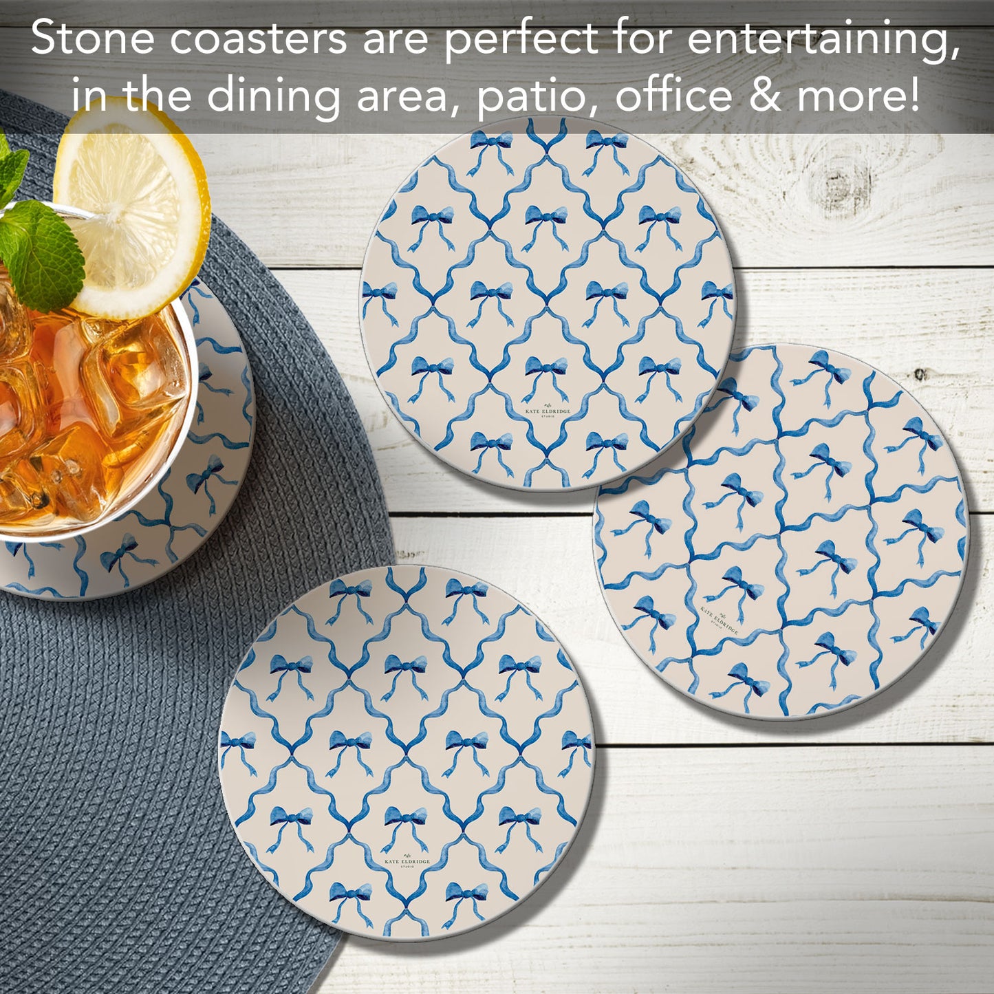 Thirstystone Bow Toile 4 Pack Round Absorbent Stone Coasters 4" Diameter