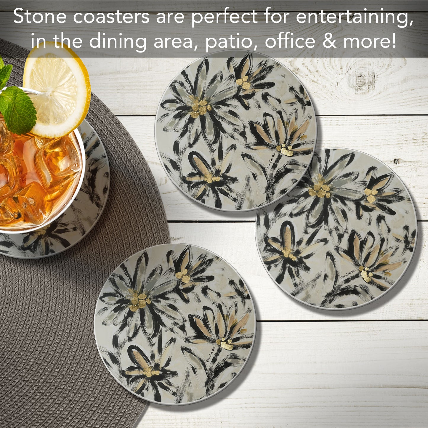 Thirstystone Flower Fresco 4 Pack Round Absorbent Stone Coasters 4" Diameter