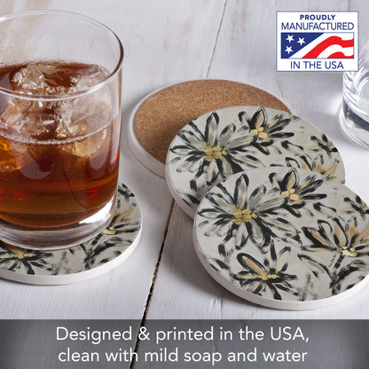 Thirstystone Flower Fresco 4 Pack Round Absorbent Stone Coasters 4" Diameter