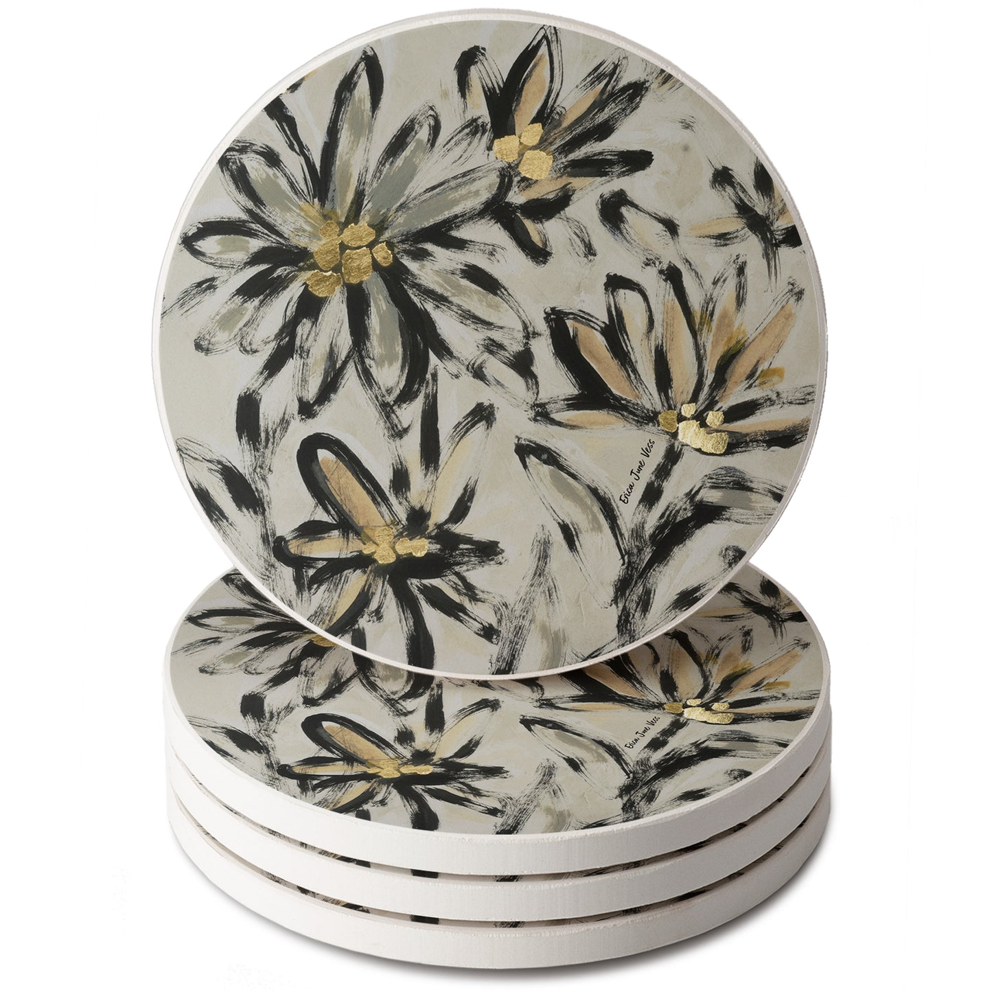Thirstystone Flower Fresco 4 Pack Round Absorbent Stone Coasters 4" Diameter