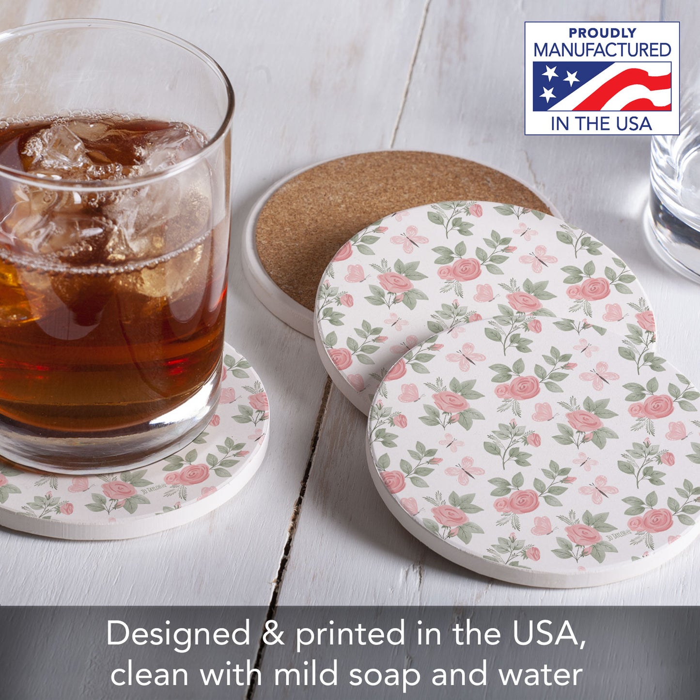 Thirstystone Pretty Coquette 4 Pack Round Absorbent Stone Coasters 4" Diameter