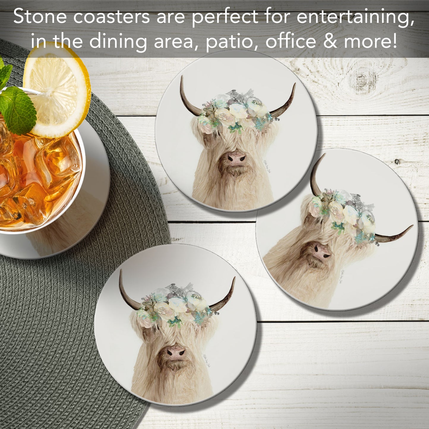 Thirstystone Floral Highland Cow 4 Pack Round Absorbent Stone Coasters 4" Diameter