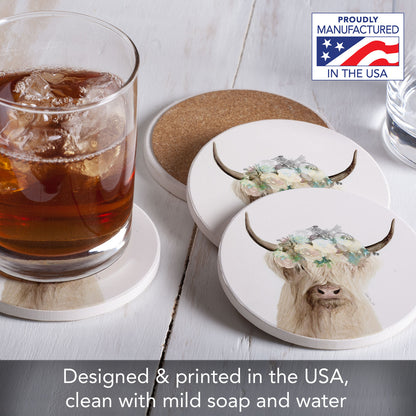 Thirstystone Floral Highland Cow 4 Pack Round Absorbent Stone Coasters 4" Diameter