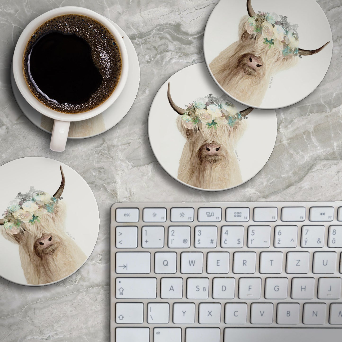 Thirstystone Floral Highland Cow 4 Pack Round Absorbent Stone Coasters 4" Diameter