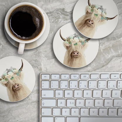 Thirstystone Floral Highland Cow 4 Pack Round Absorbent Stone Coasters 4" Diameter