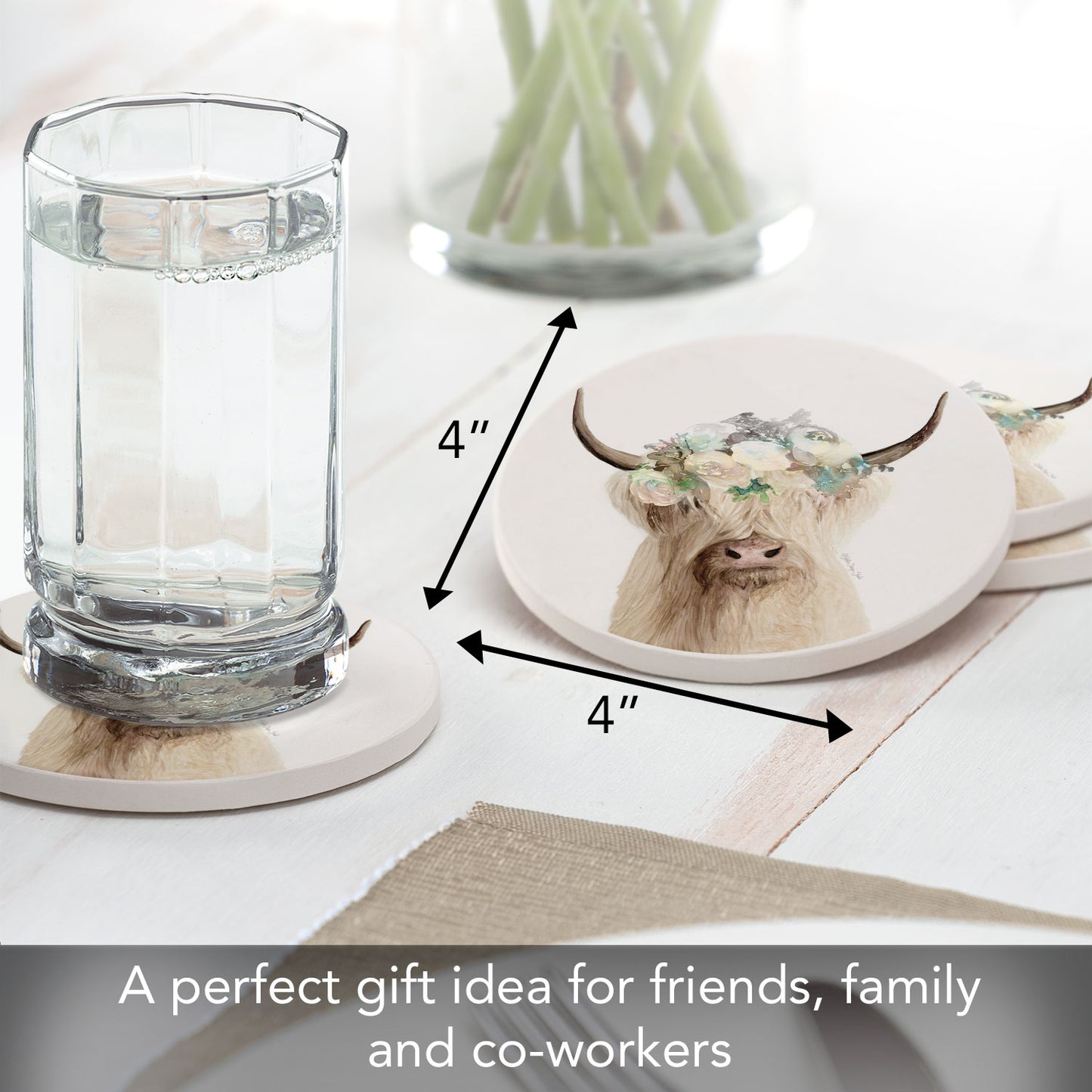 Thirstystone Floral Highland Cow 4 Pack Round Absorbent Stone Coasters 4" Diameter