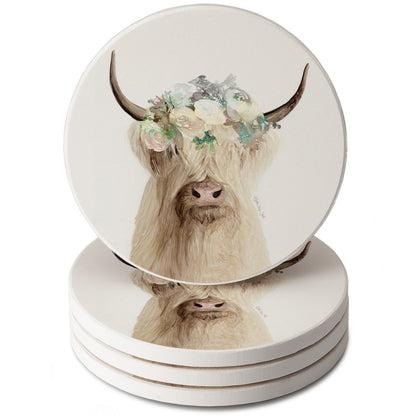 Thirstystone Floral Highland Cow 4 Pack Round Absorbent Stone Coasters 4" Diameter