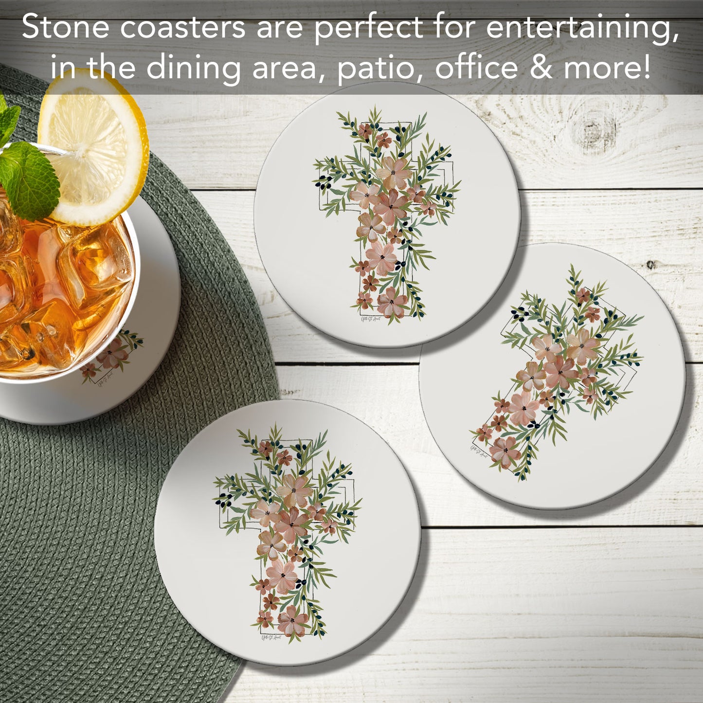 Thirstystone Floral Faith 4 Pack Round Absorbent Stone Coasters 4" Diameter