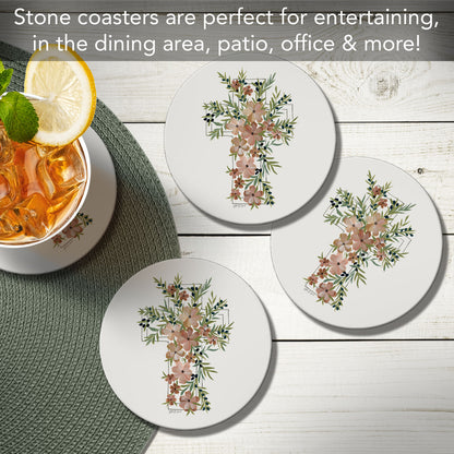 Thirstystone Floral Faith 4 Pack Round Absorbent Stone Coasters 4" Diameter