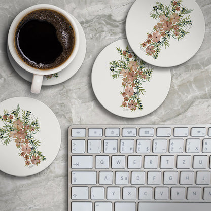 Thirstystone Floral Faith 4 Pack Round Absorbent Stone Coasters 4" Diameter