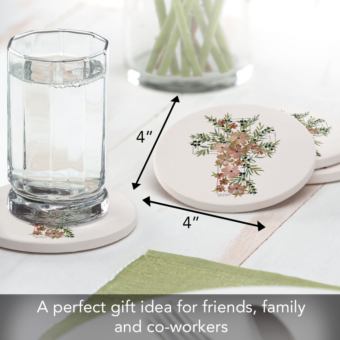 Thirstystone Floral Faith 4 Pack Round Absorbent Stone Coasters 4" Diameter