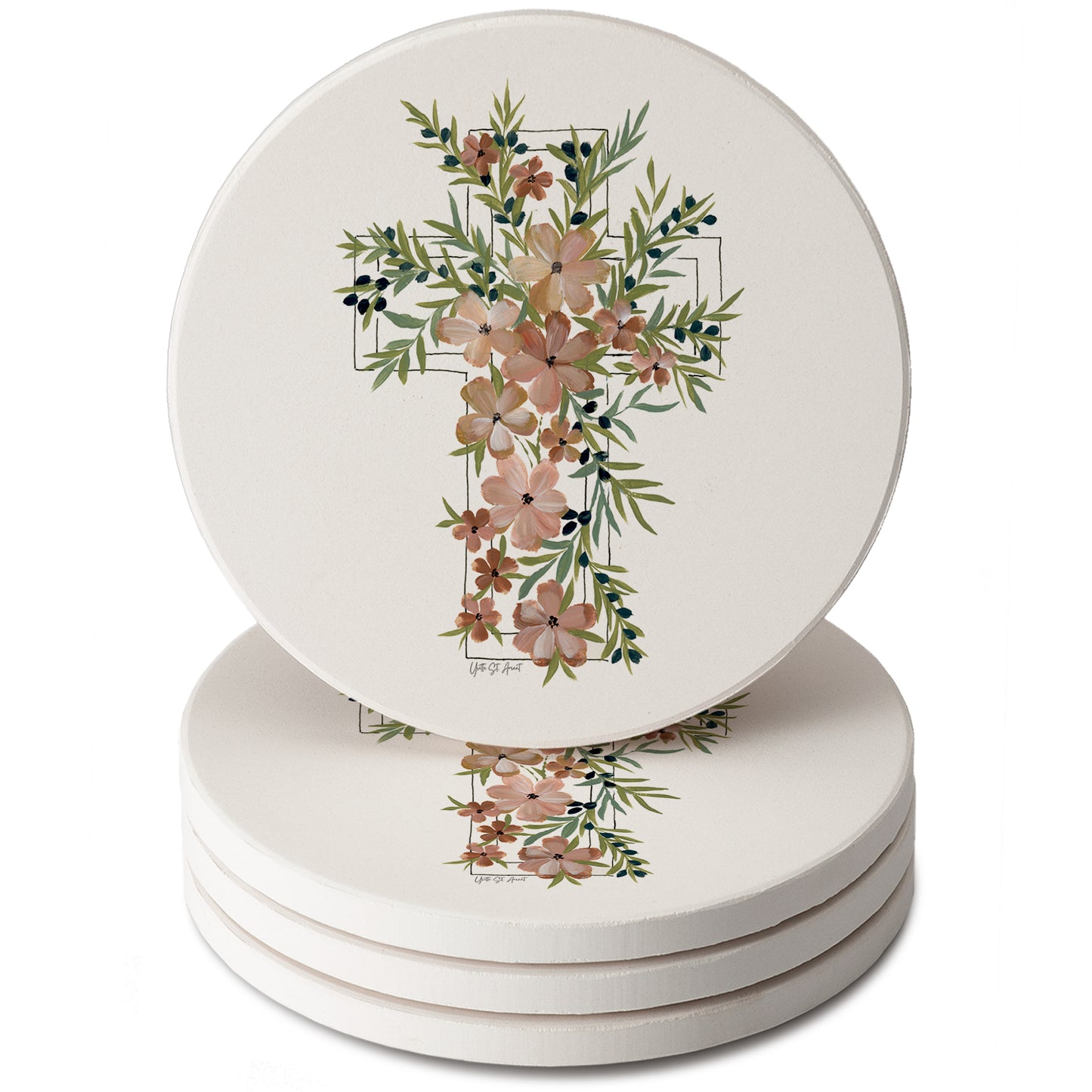 Thirstystone Floral Faith 4 Pack Round Absorbent Stone Coasters 4" Diameter