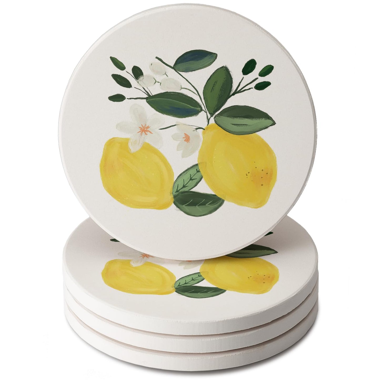 Thirstystone Lemon Blossom 4 Pack Round Absorbent Stone Coasters 4" Diameter Manufactured in the USA