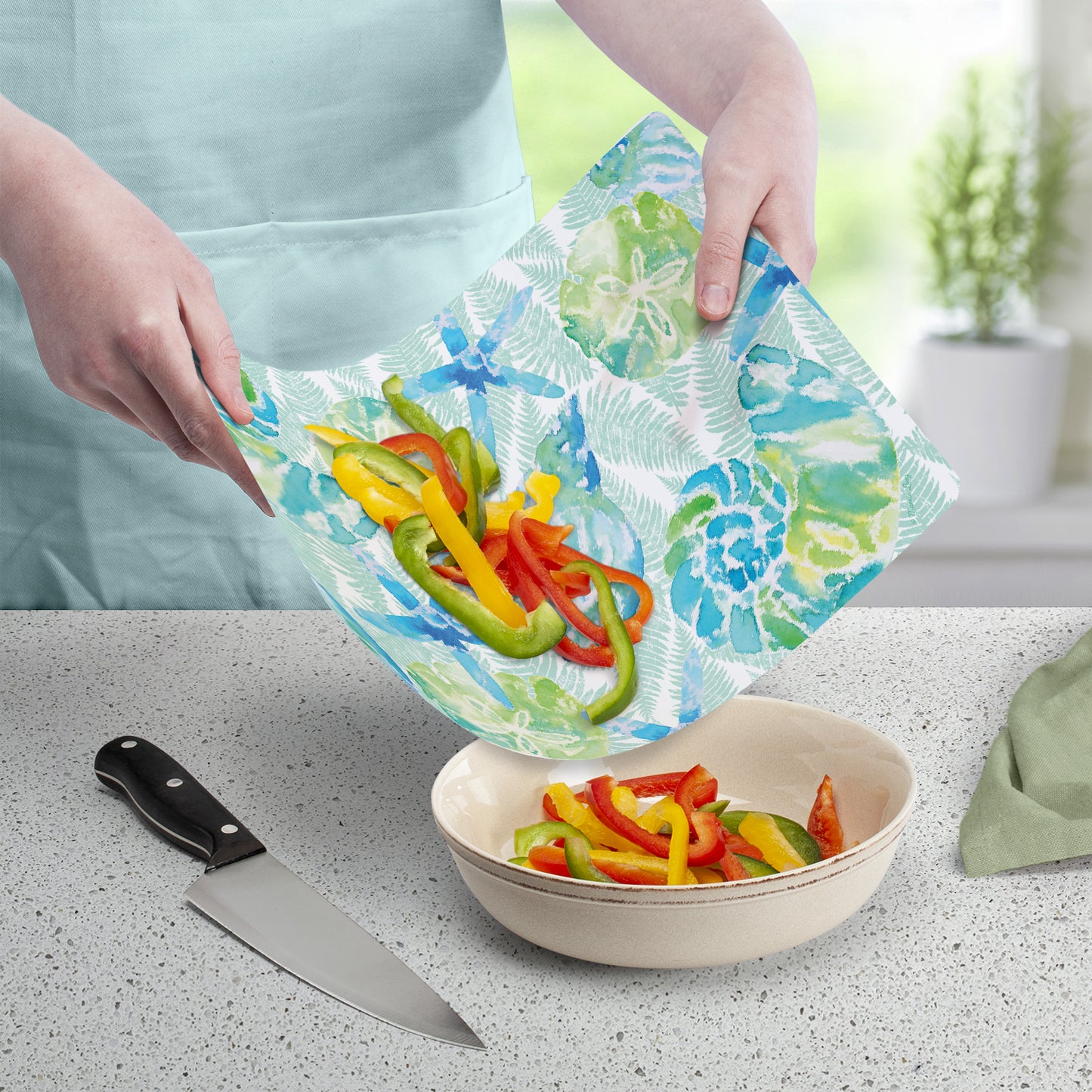 Cut N' Funnel Isla Mona Coastal Designer Flexible Plastic Cutting Board Mat 15" x 11.5", Made in the USA, Decorative, Flexible, Easy to Clean