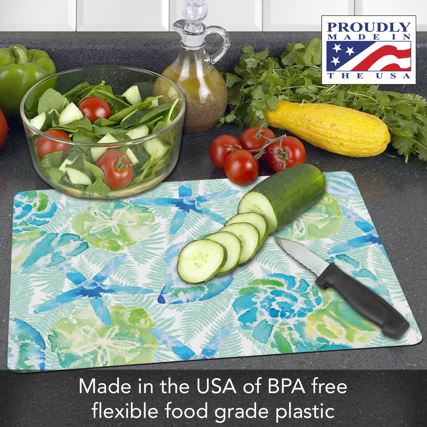 Cut N' Funnel Isla Mona Coastal Designer Flexible Plastic Cutting Board Mat 15" x 11.5", Made in the USA, Decorative, Flexible, Easy to Clean