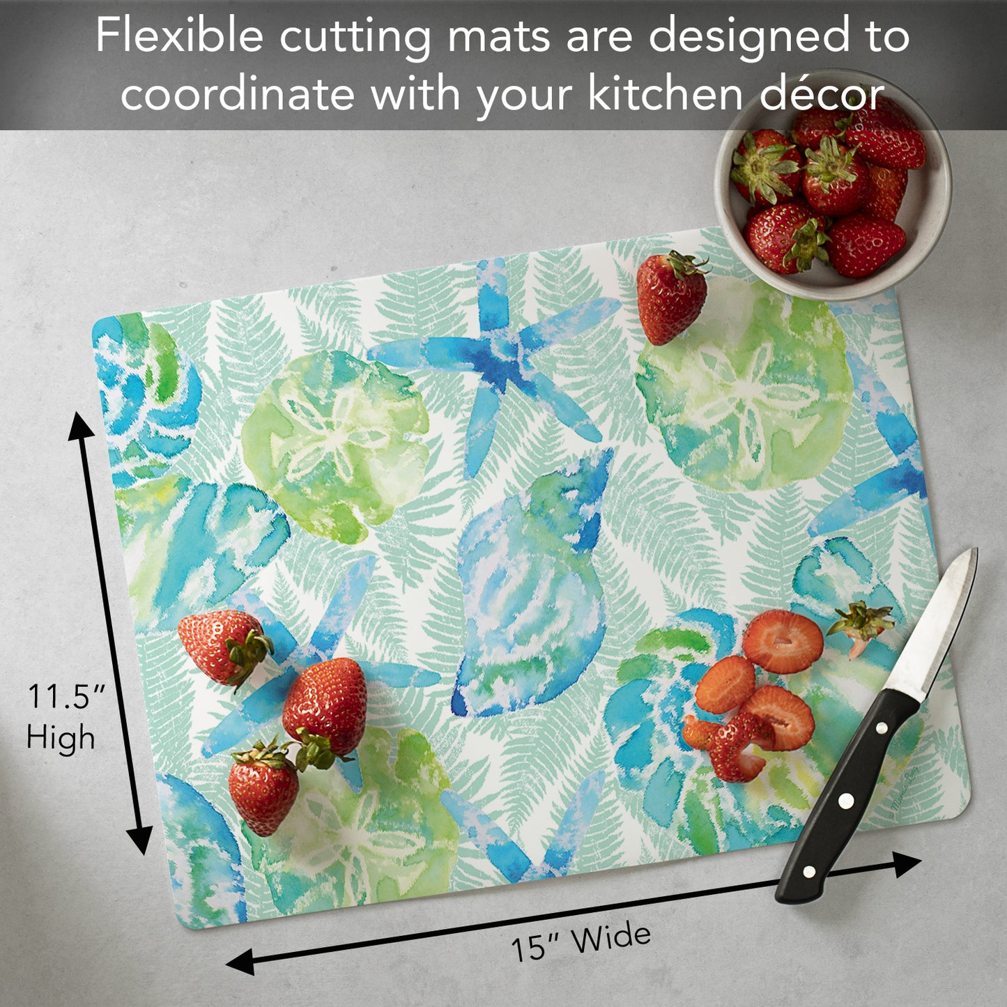 Cut N' Funnel Isla Mona Coastal Designer Flexible Plastic Cutting Board Mat 15" x 11.5", Made in the USA, Decorative, Flexible, Easy to Clean