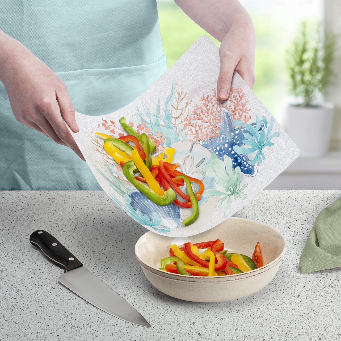 Cut N' Funnel Seaside Designer Flexible Plastic Cutting Board Mat 15" x 11.5", Made in the USA, Decorative, Flexible, Easy to Clean