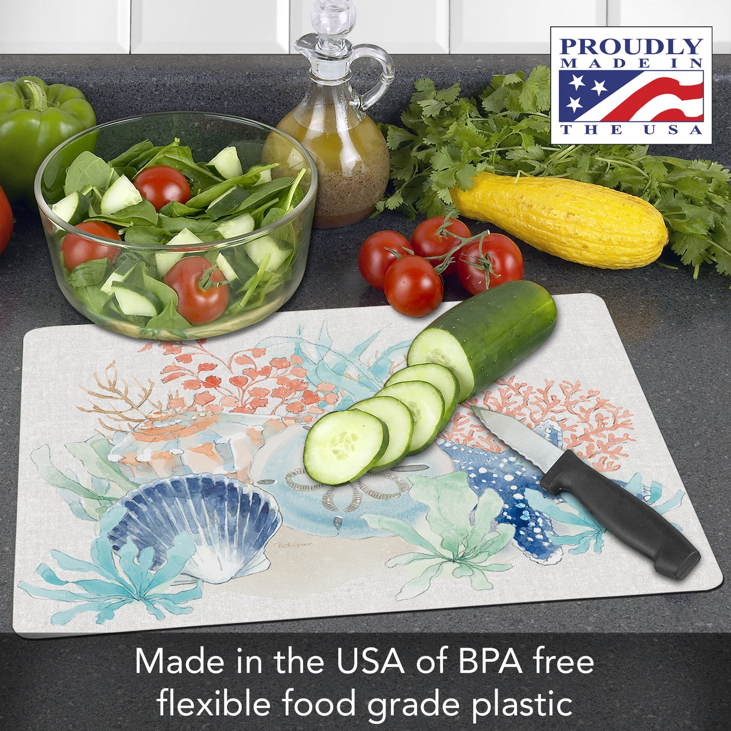 Cut N' Funnel Seaside Designer Flexible Plastic Cutting Board Mat 15" x 11.5", Made in the USA, Decorative, Flexible, Easy to Clean