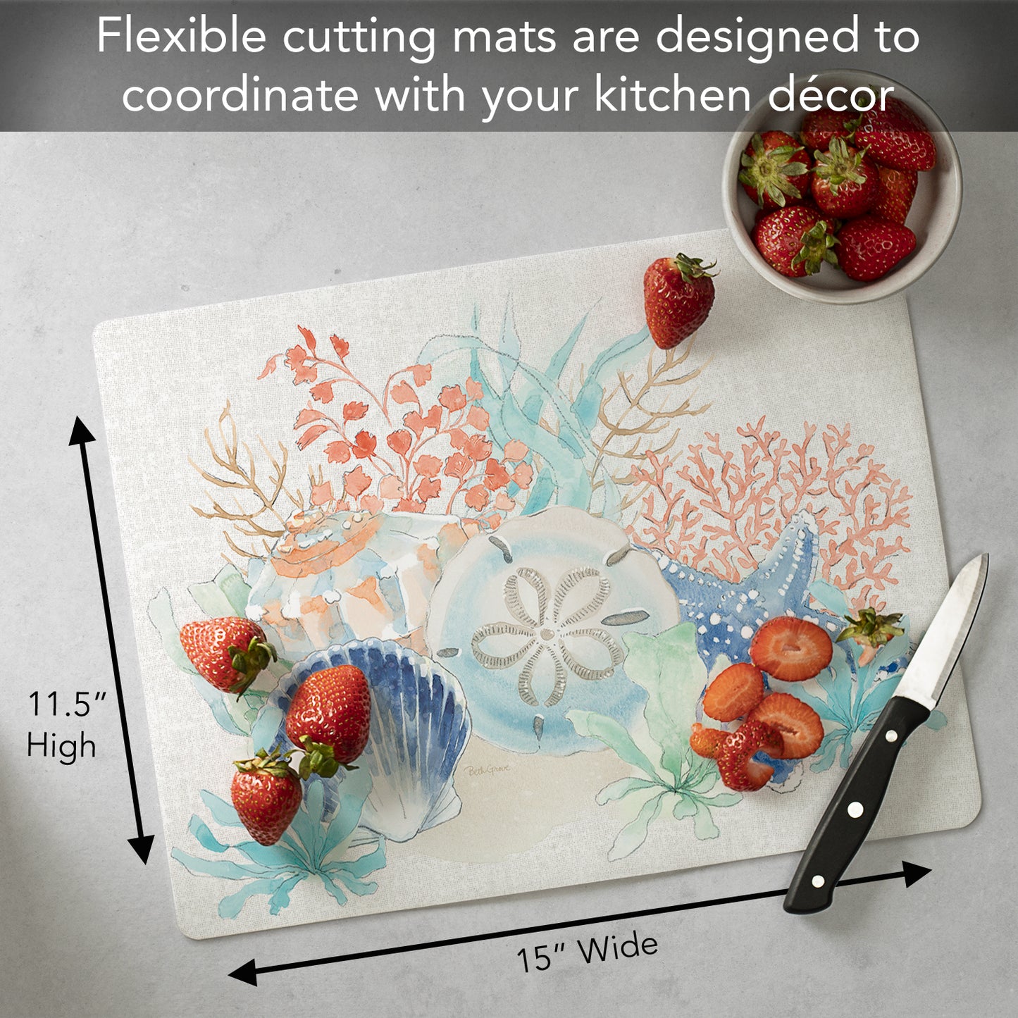 Cut N' Funnel Seaside Designer Flexible Plastic Cutting Board Mat 15" x 11.5", Made in the USA, Decorative, Flexible, Easy to Clean