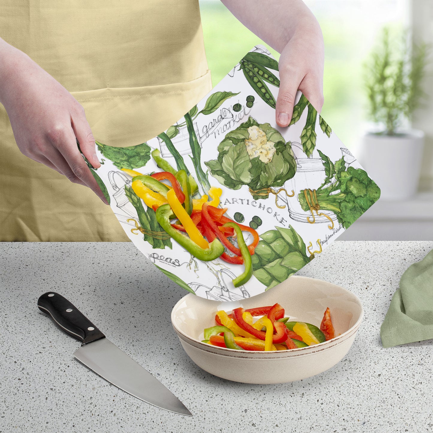 Cut N' Funnel Garden Greenery/Lime Green 2 Pack Designer Flexible Plastic Cutting Board Mat With Coordinating Solid Flex Mat 15" x 11.5", Made in the USA, Decorative, Flexible, Easy to Clean