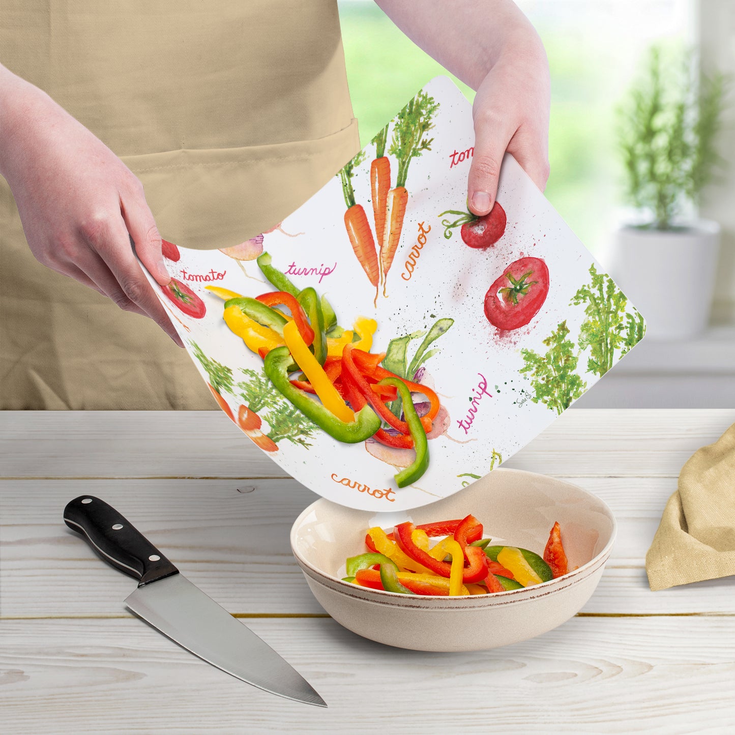 Cut N' Funnel Veggie Splash/Red 2 Pack Designer Flexible Plastic Cutting Board Mat With Coordinating Solid Flex Mat 15" x 11.5", Made in the USA, Decorative, Flexible, Easy to Clean