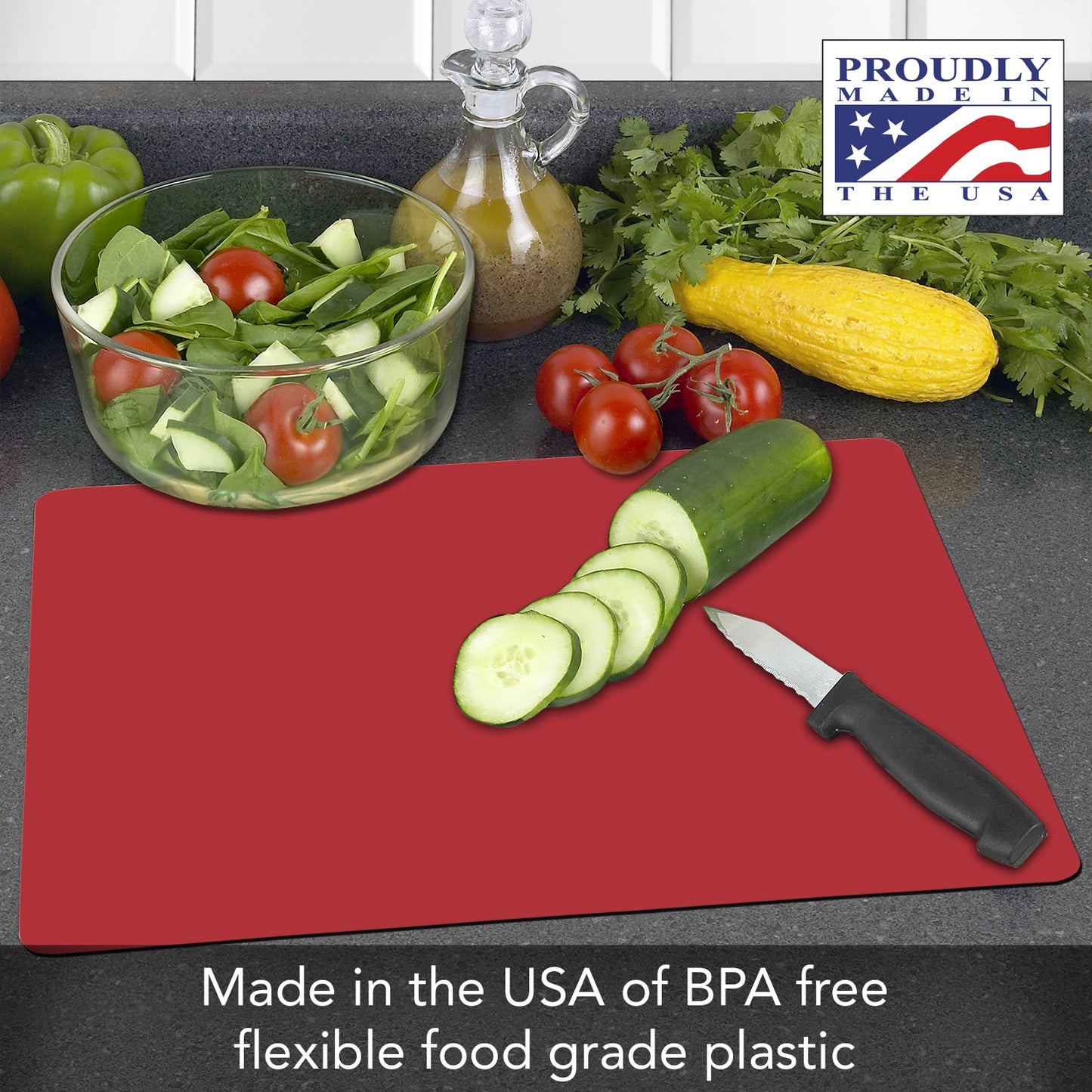 Cut N' Funnel Veggie Splash/Red 2 Pack Designer Flexible Plastic Cutting Board Mat With Coordinating Solid Flex Mat 15" x 11.5", Made in the USA, Decorative, Flexible, Easy to Clean